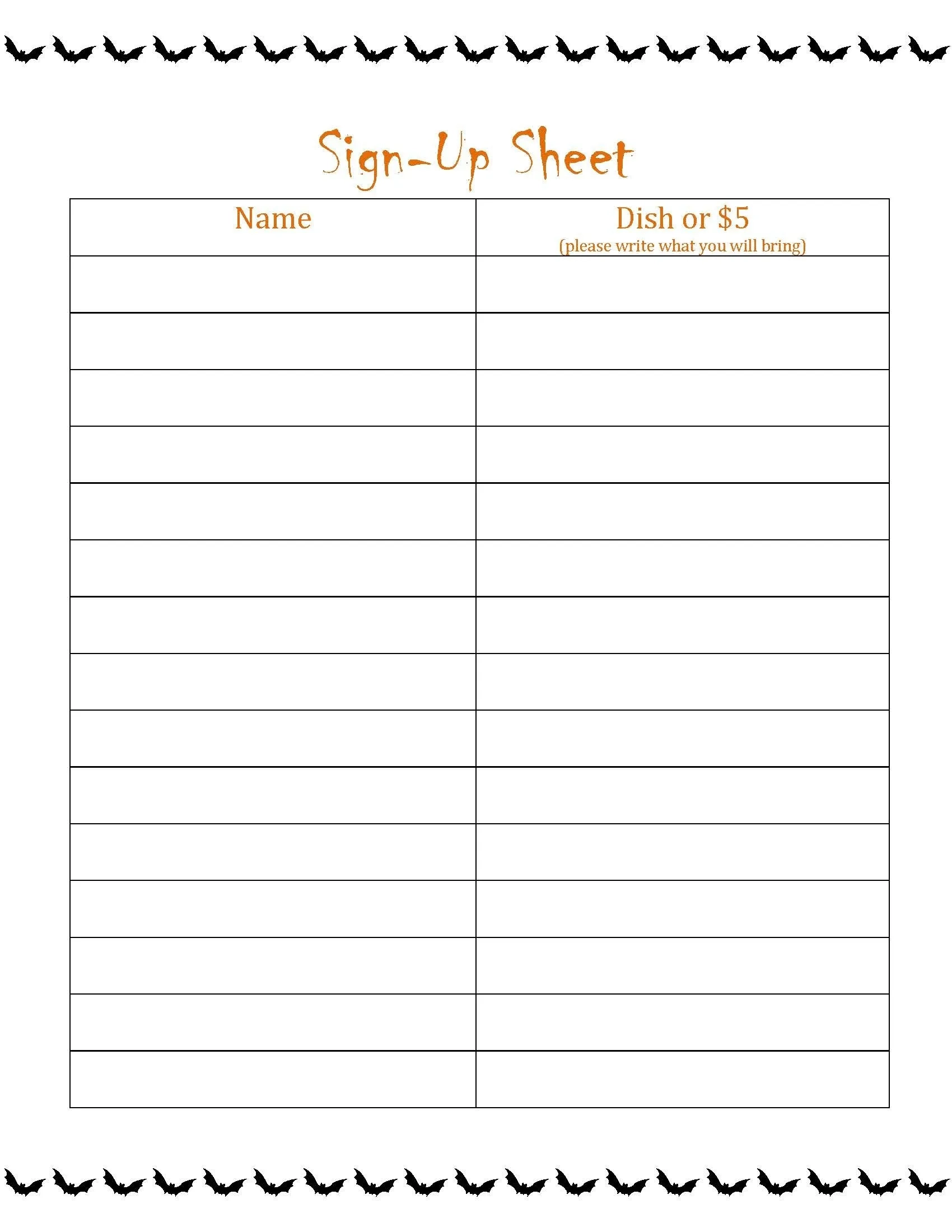 Blank Sign Up Form Printable Potluck