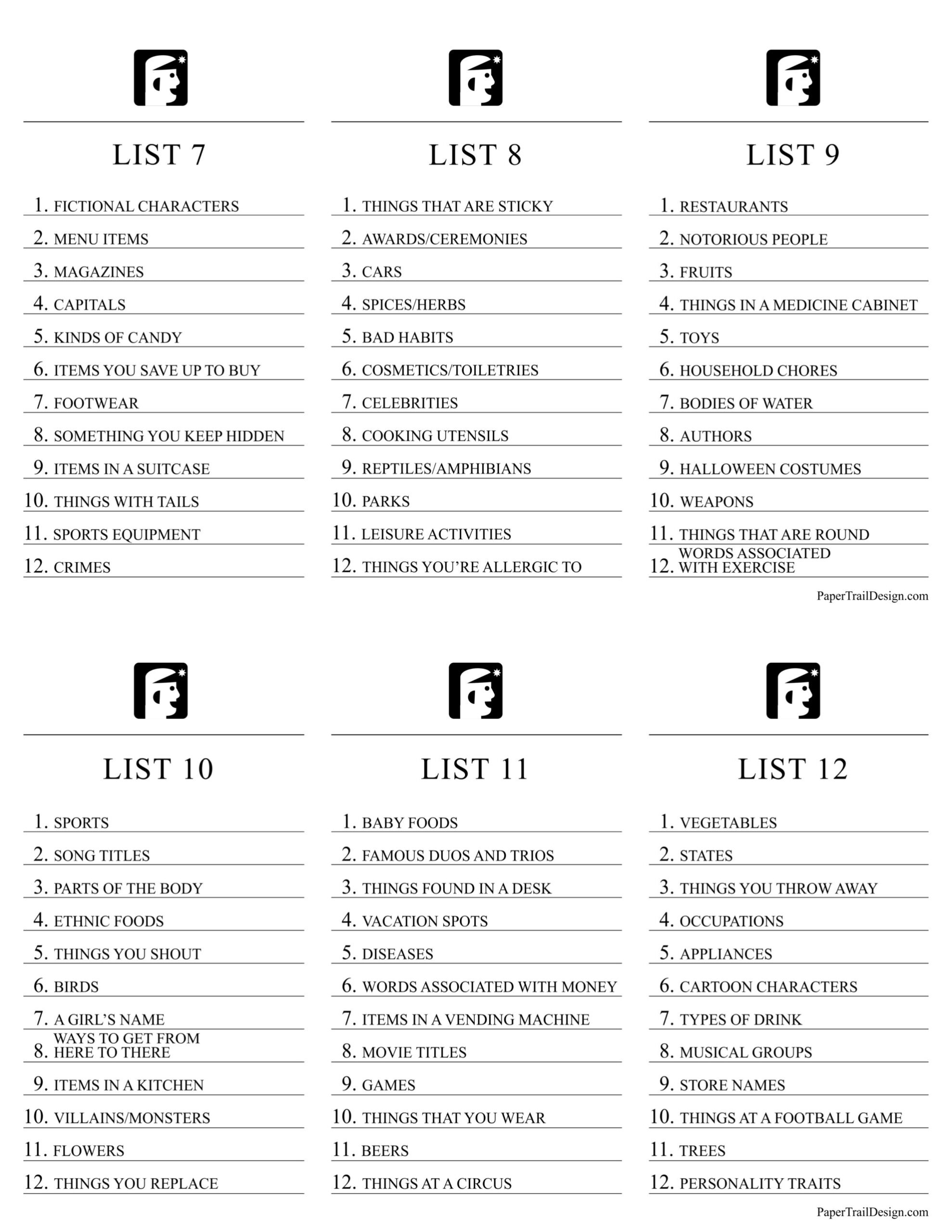 Kids Scattergories List Printable