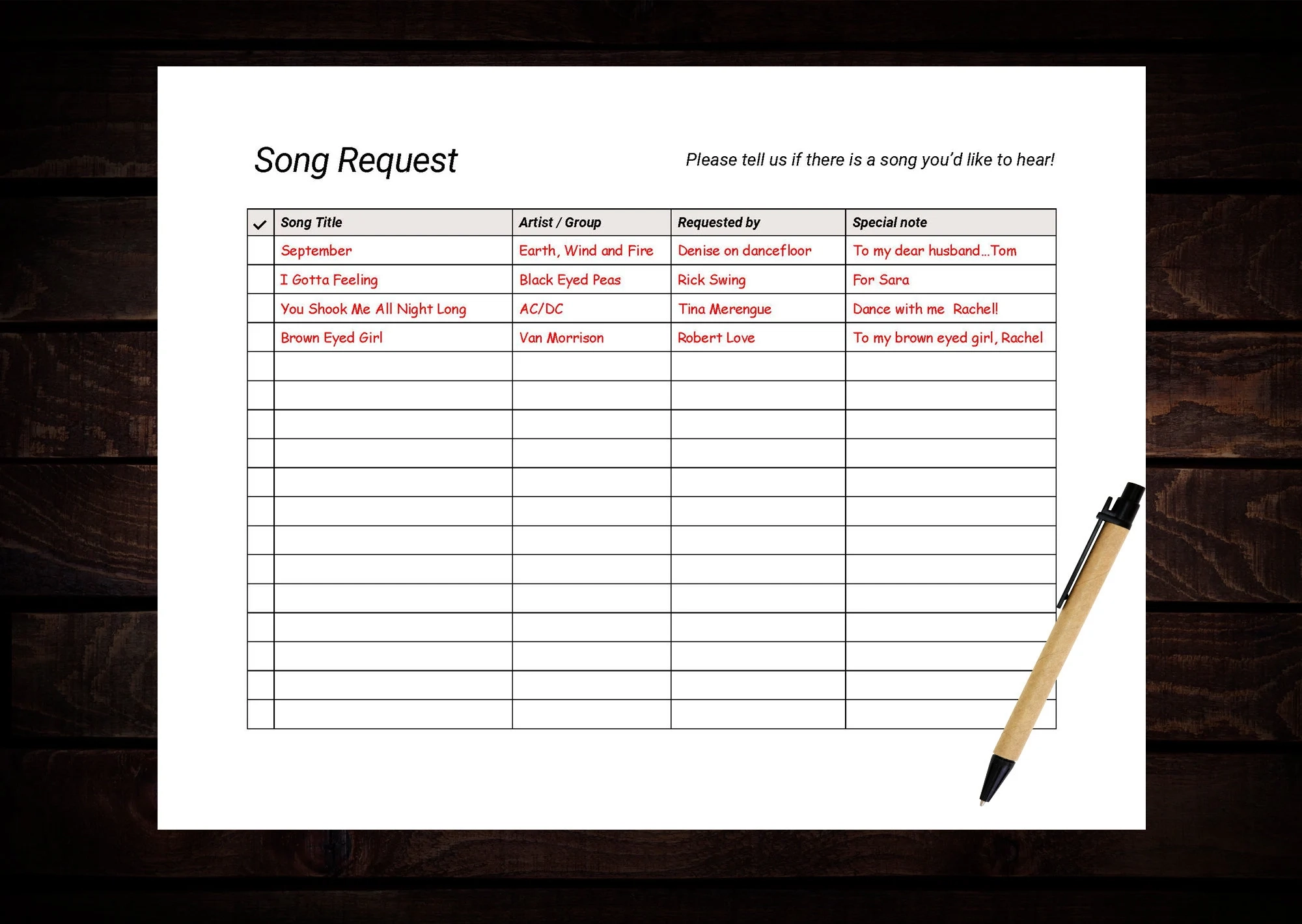 Printable Song Request Form Party Wedding Music List PDF Word Etsy
