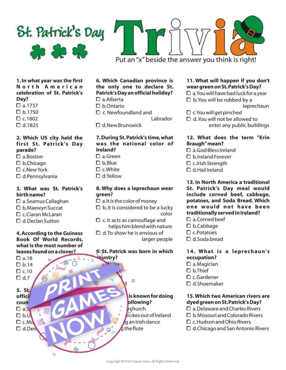 Printable Adult Trivia St Patricks Day