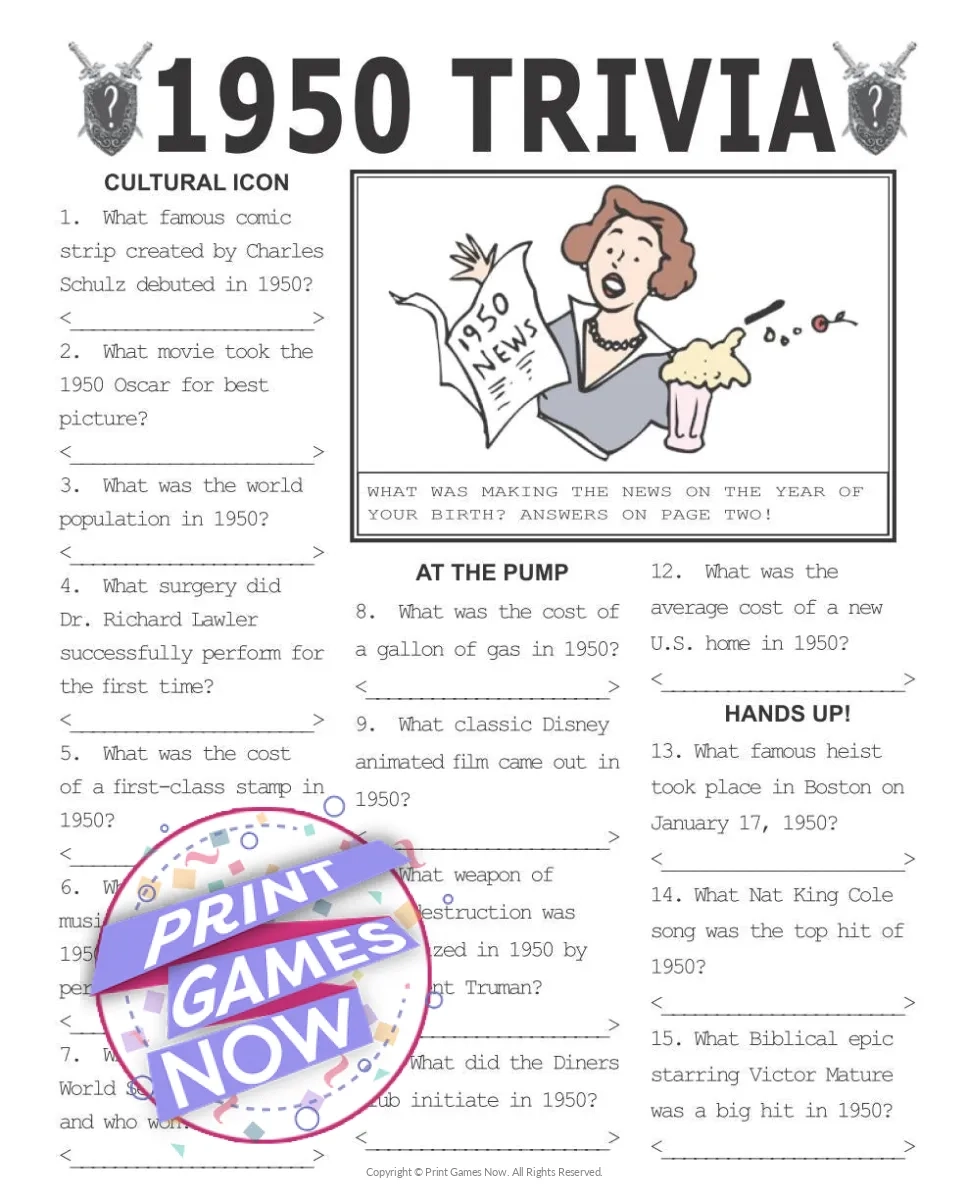 Printable Trivia Of The Year 1950 Print Games Now