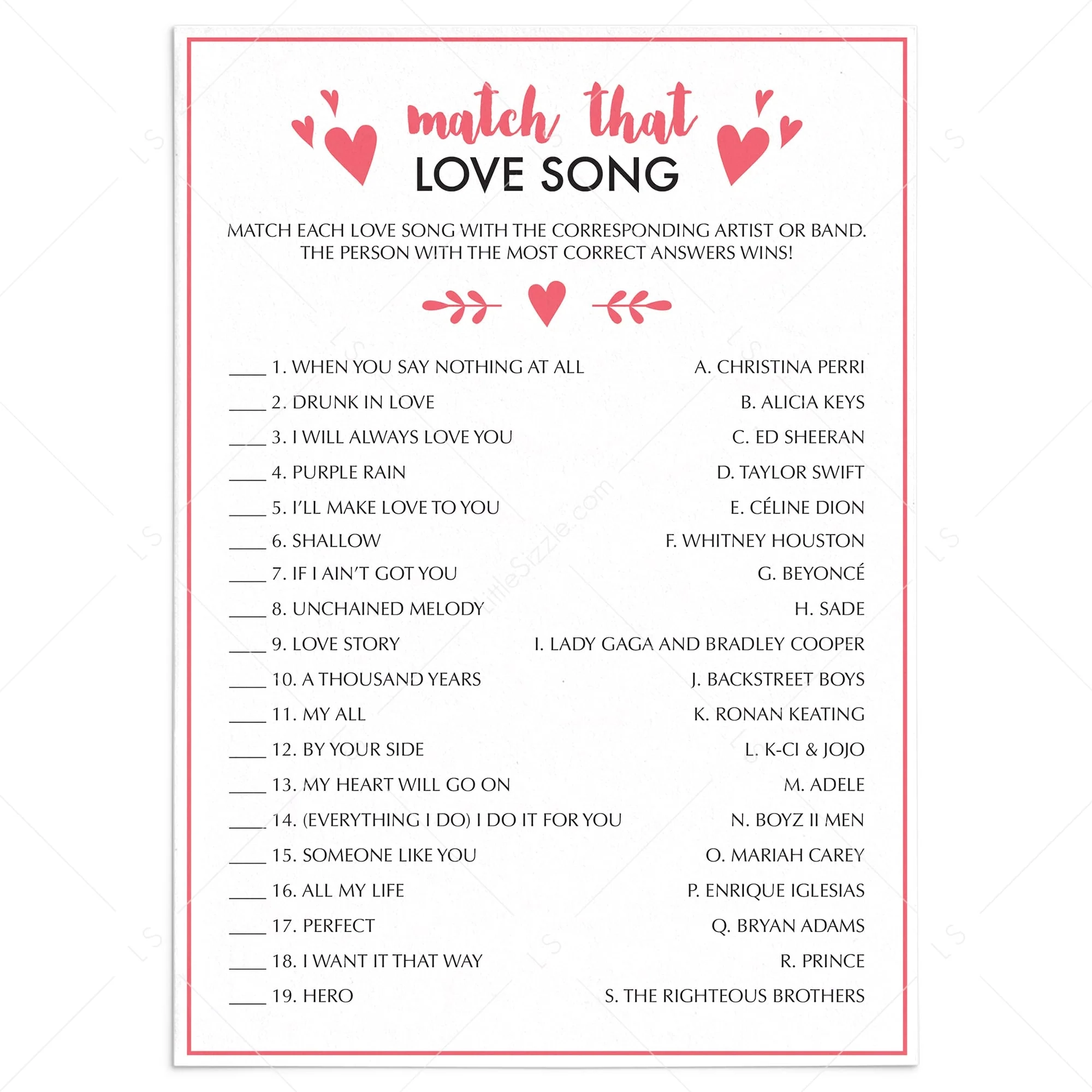 Love Song Trivia Printable