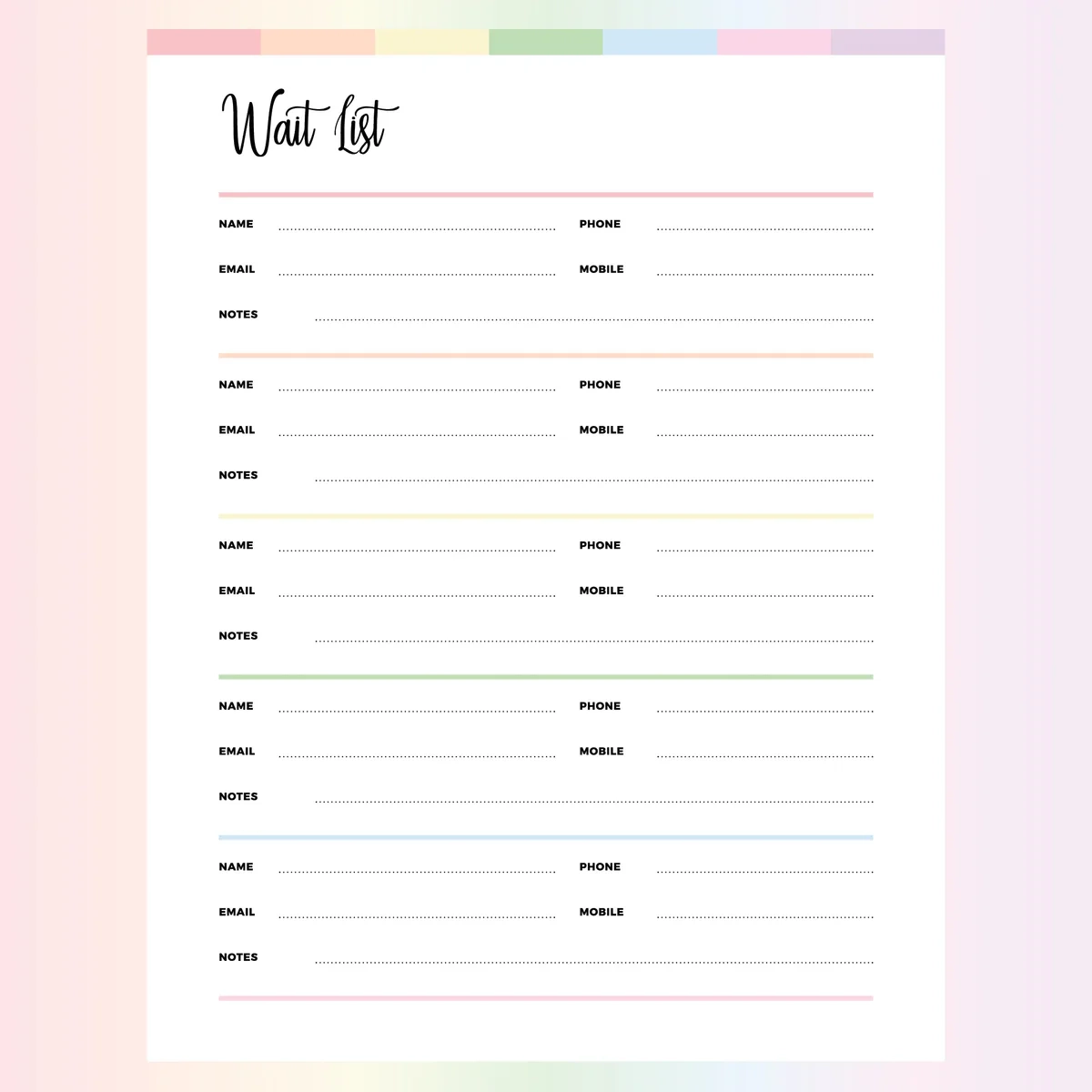 Printable Waiting List Template A4 US Letter Sizes Instant Download Printable Plan Print Land