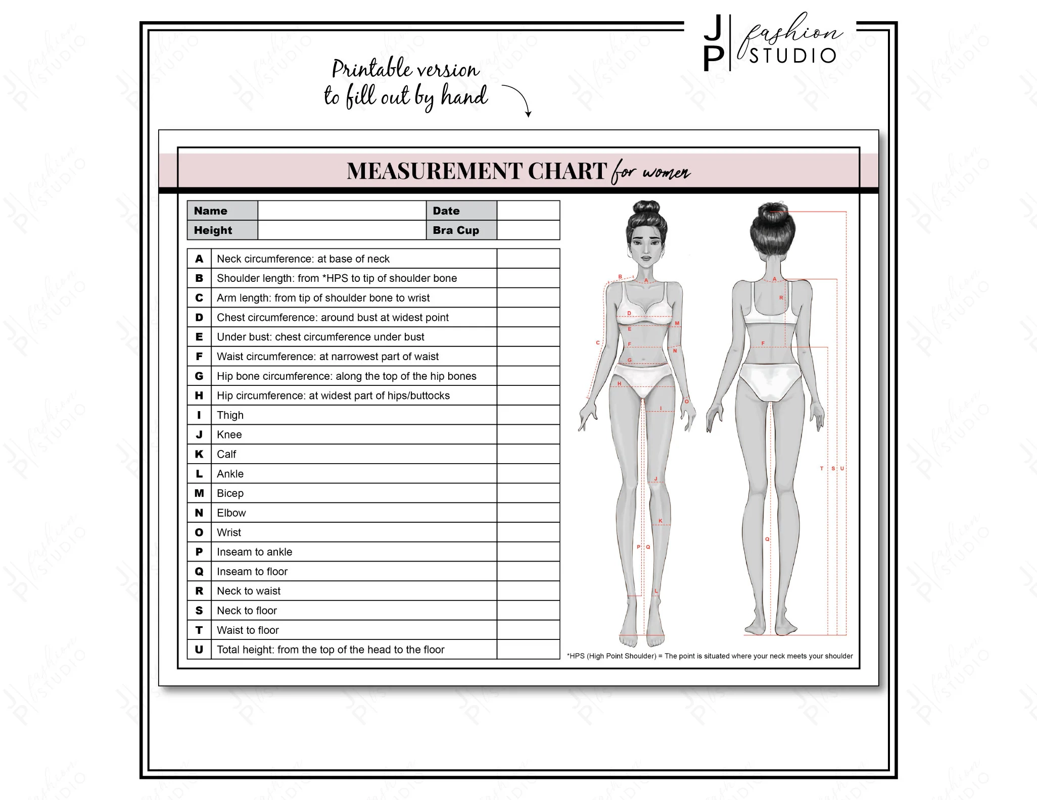 PRINTABLE Women s Body Measurement Sheet Fashion Designer Template Sewing Measurement Sheet PDF JPG Etsy