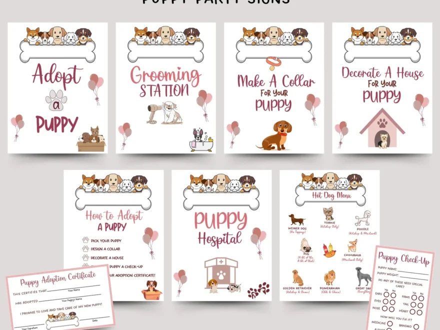 Puppy Party Signs Printable Adopt A Puppy Dog Lover Birthday Games Scribbled LLC