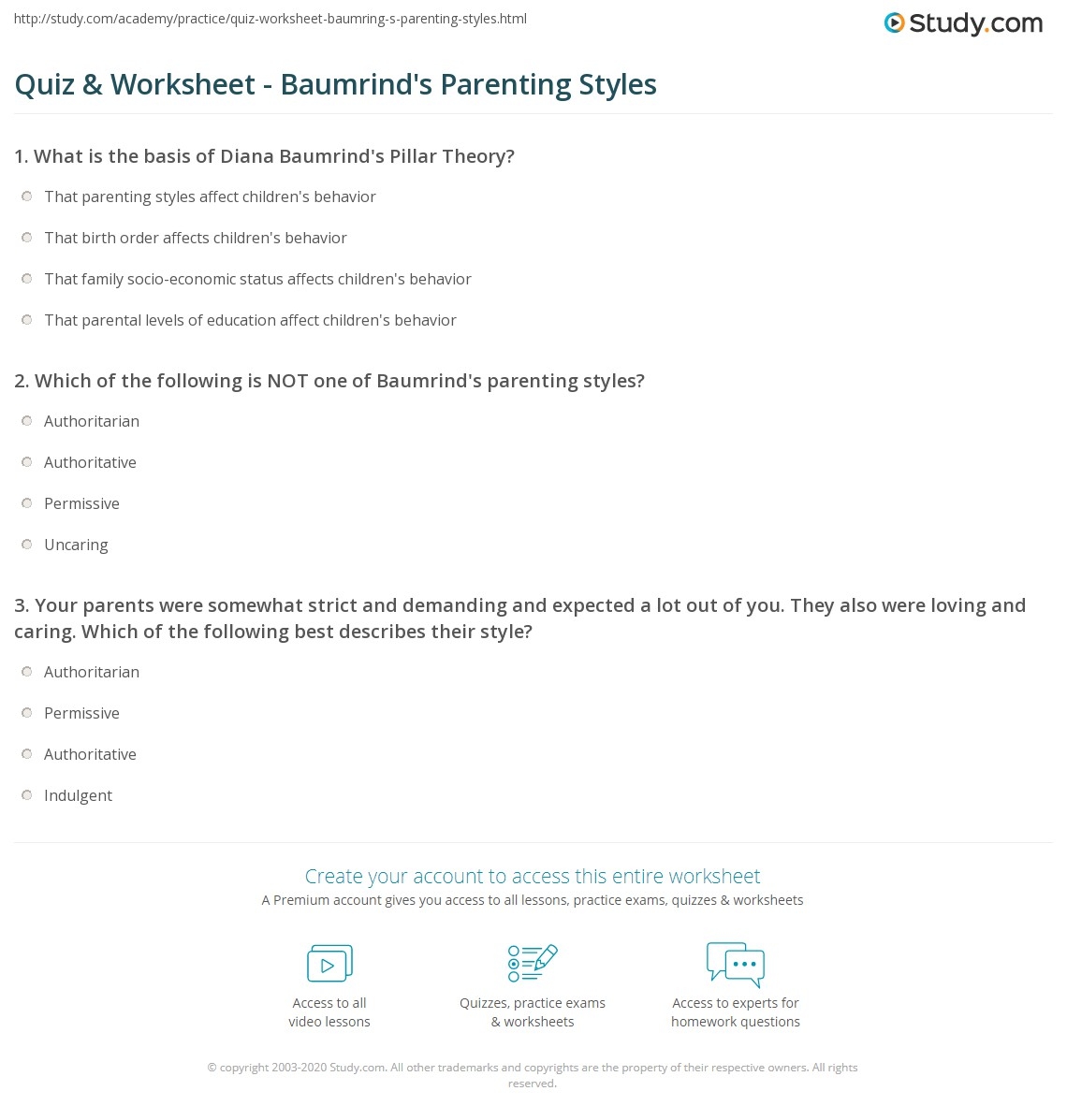 Quiz Worksheet Baumrind s Parenting Styles Study