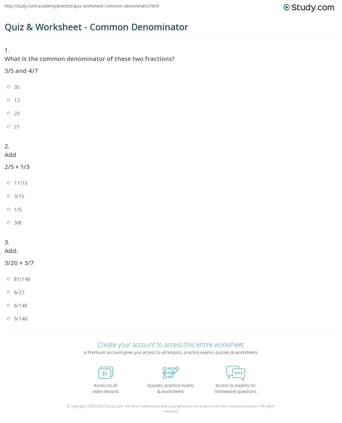 Quiz Worksheet Common Denominator Study