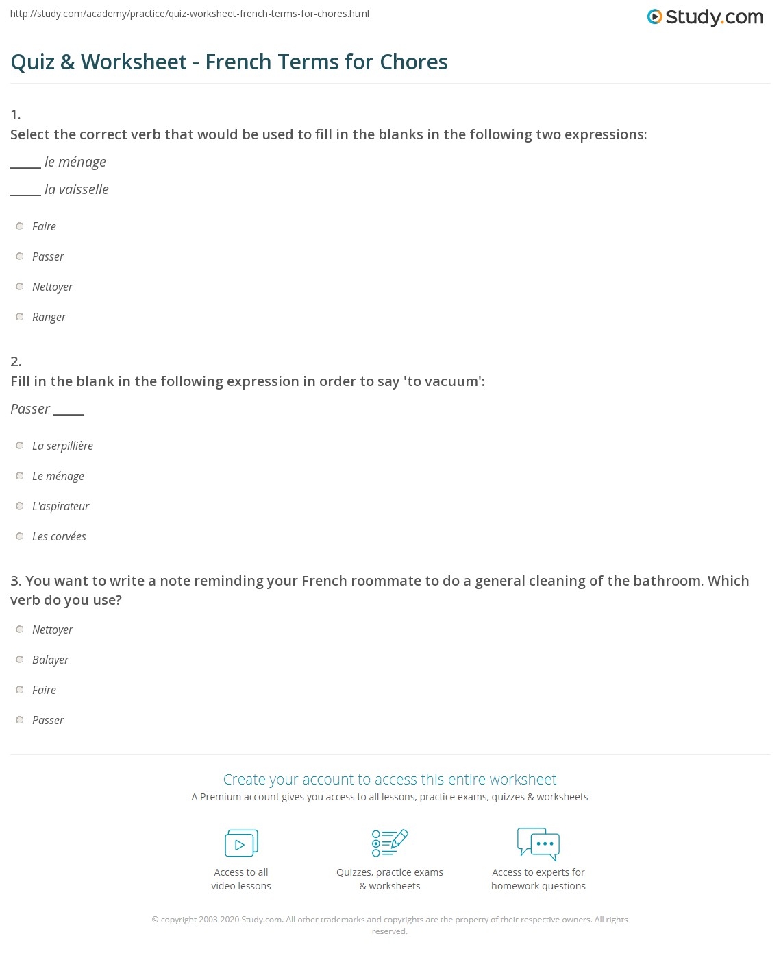 Quiz Worksheet French Terms For Chores Study