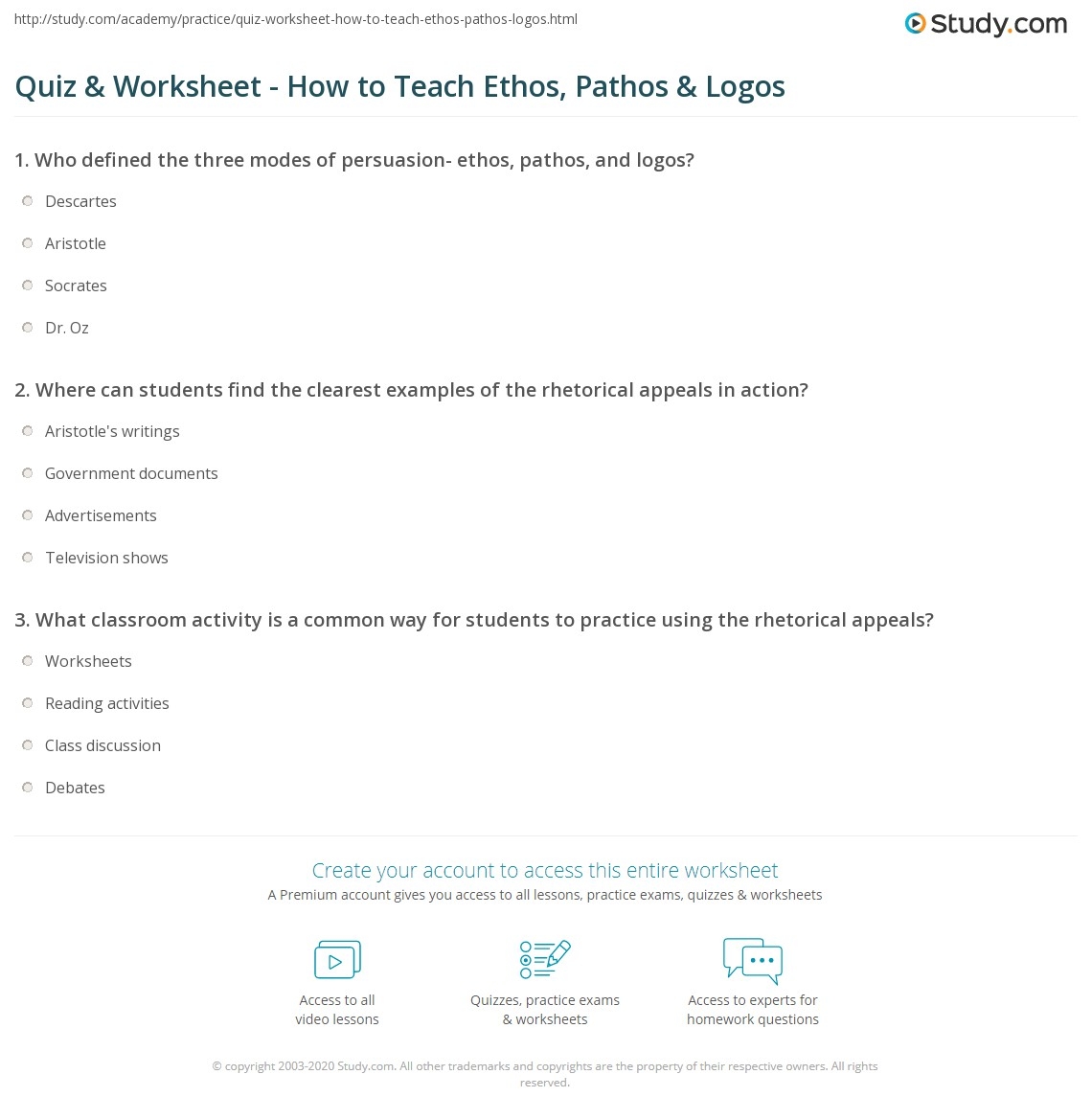 Logos Pathos Ethos Quiz Printable