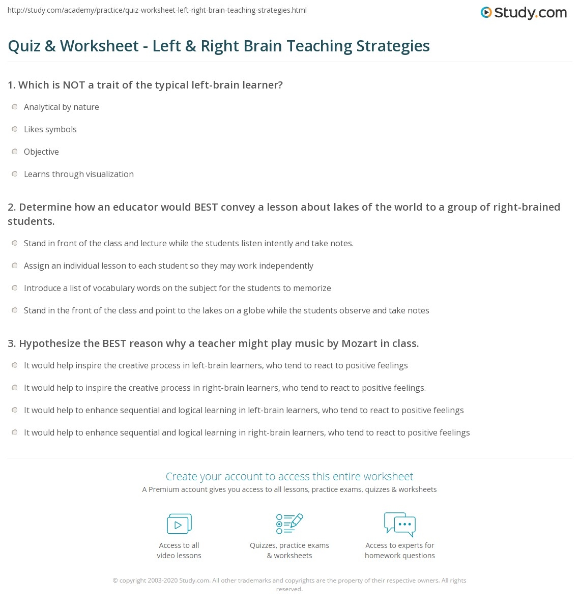 Left Brain Right Brain Quiz Printable