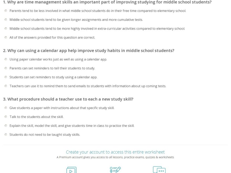 Quiz Worksheet Middle School Study Skills Study