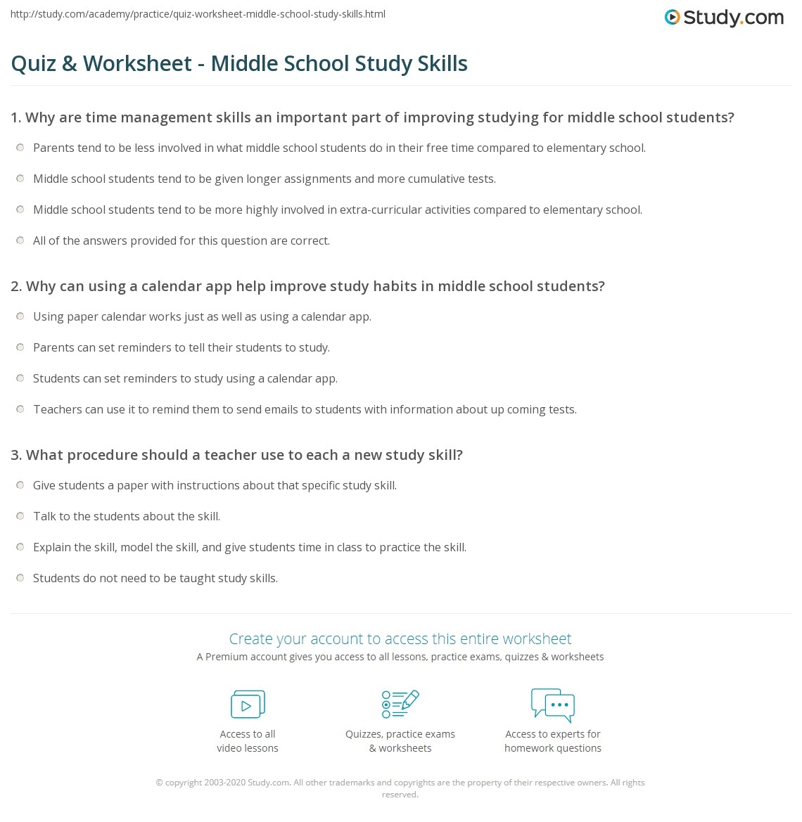 Quiz Worksheet Middle School Study Skills Study