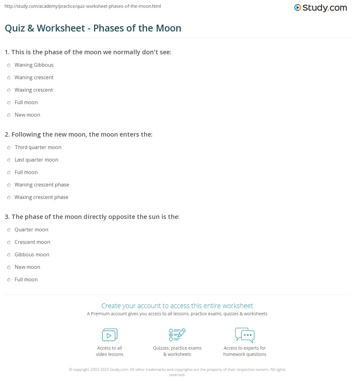 Quiz Worksheet Phases Of The Moon Study