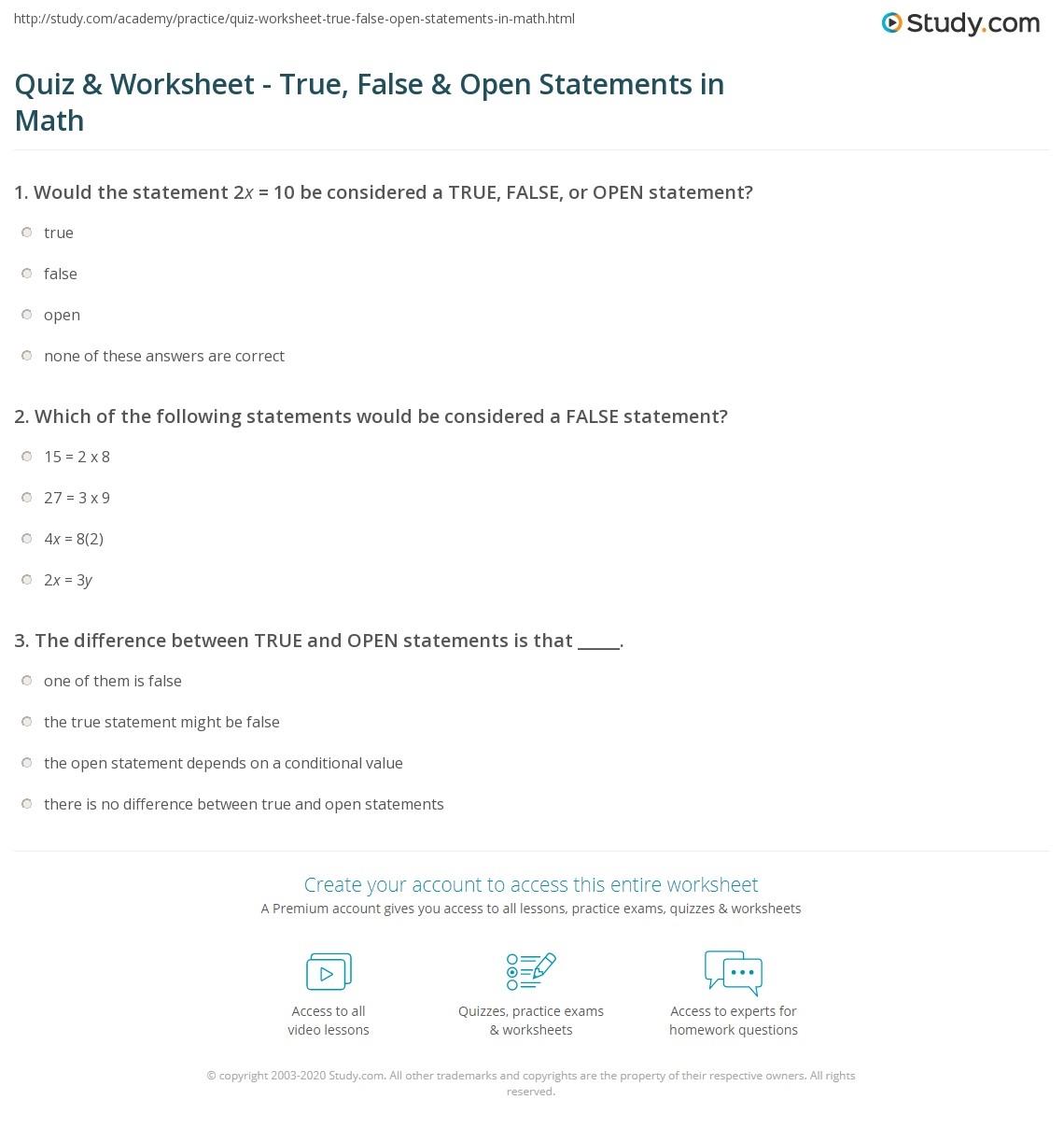 Quiz Worksheet True False Open Statements In Math Study
