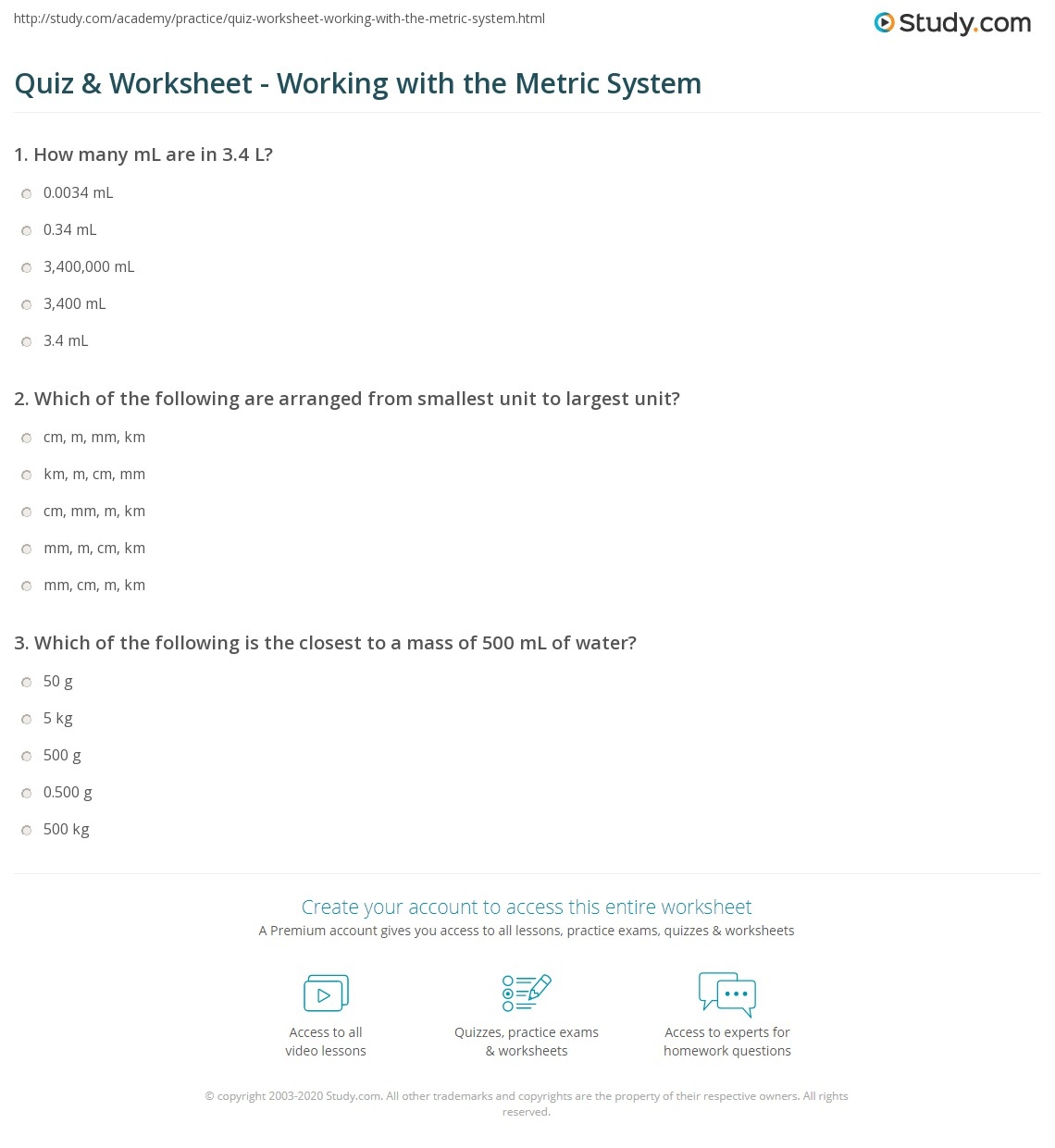 Quiz Worksheet Working With The Metric System Study