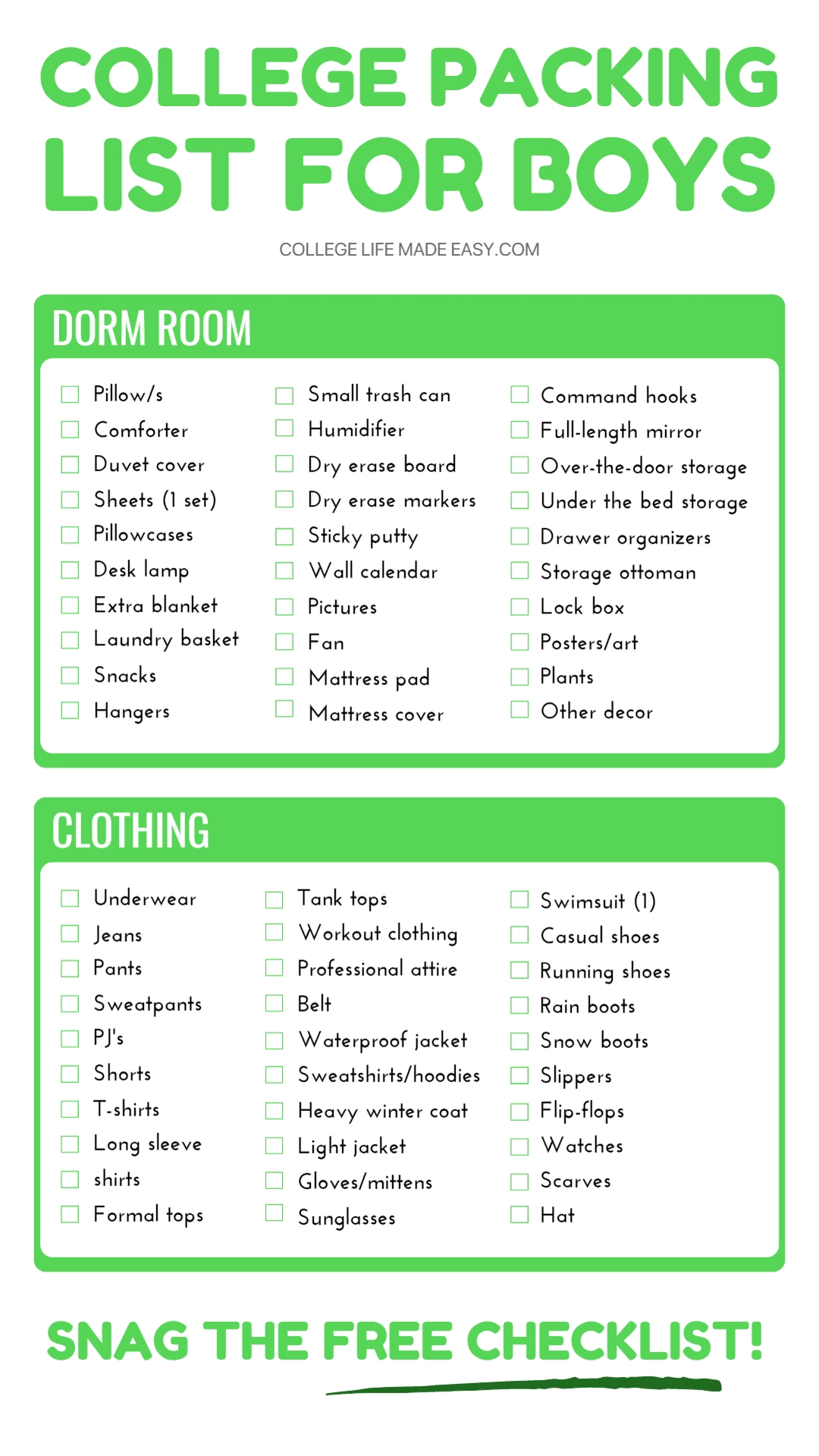 Printable Guys College Packing List