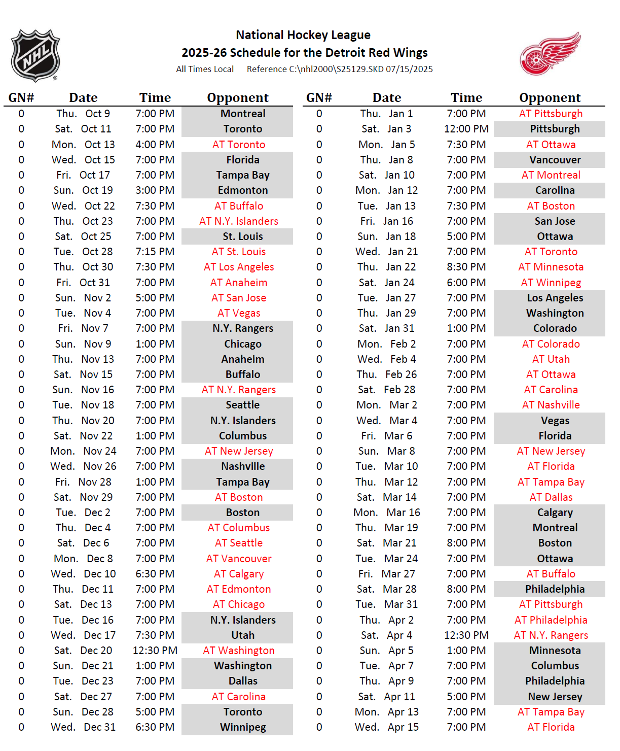 Printable Nhl Schedule 2026 27