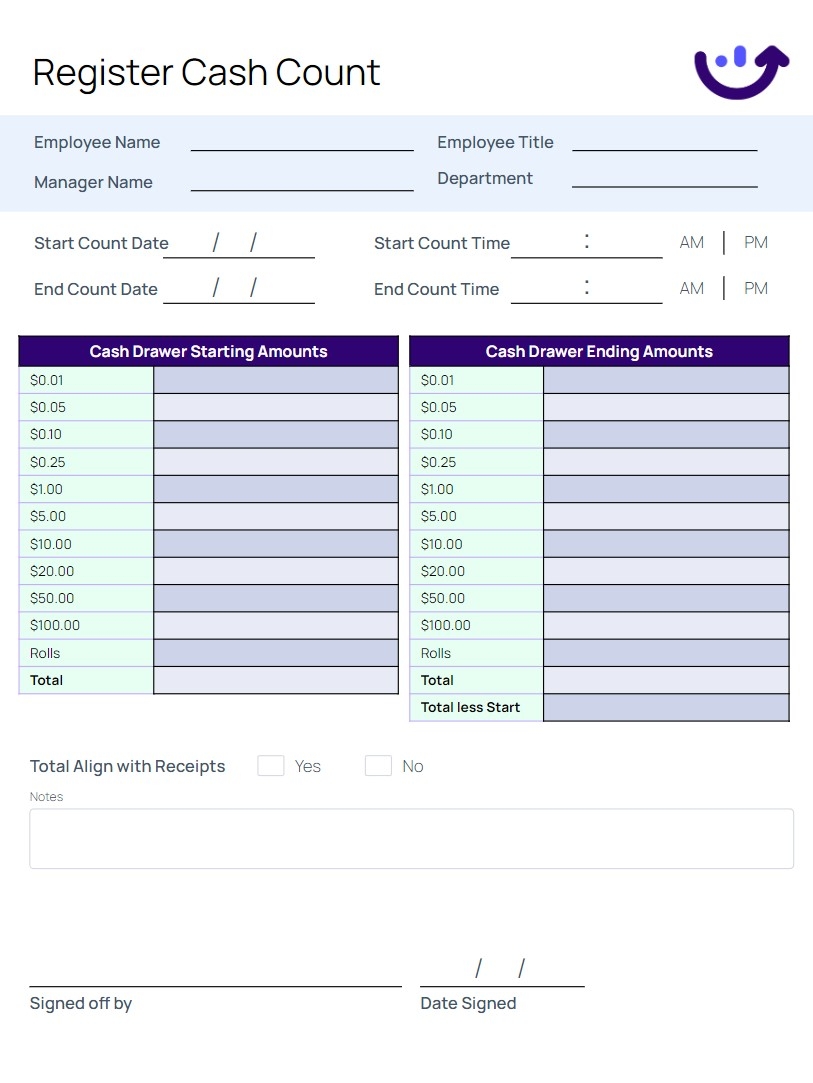 Register Cash Count Sheet Xenia Templates