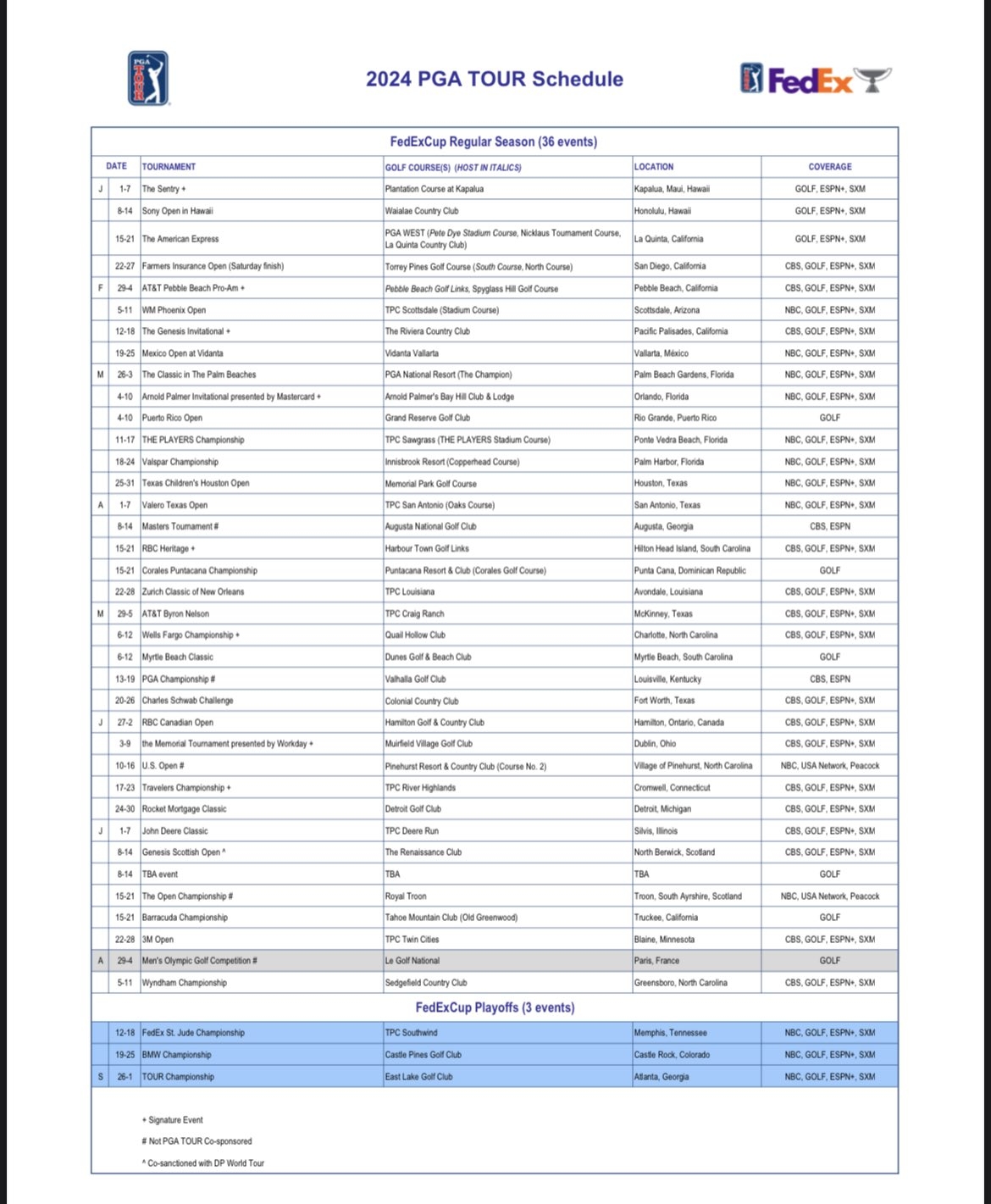Pga Tour Schedule Printable