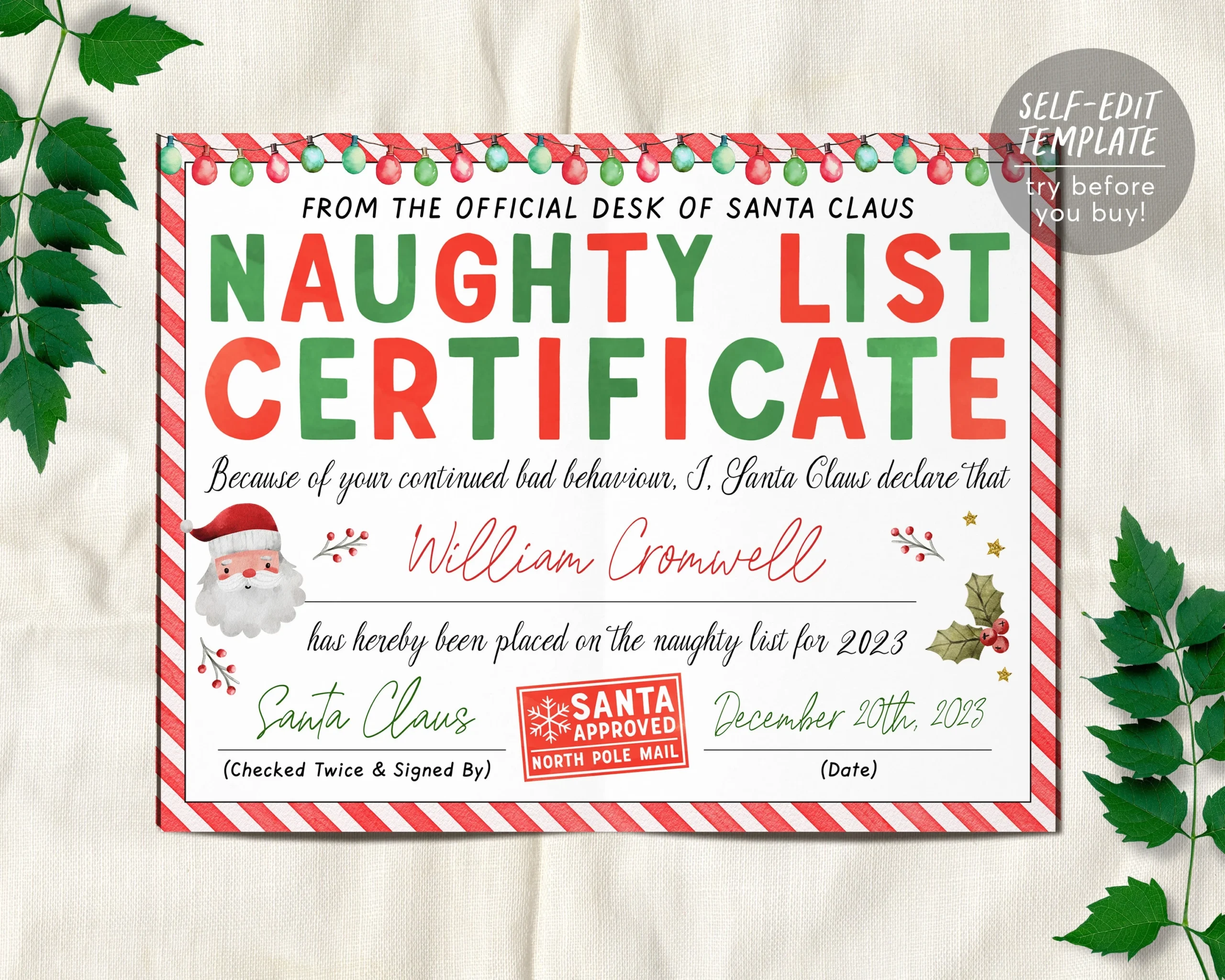 Santas Naughty List Certificate Editable Template Warning Letter From Puff Paper Co