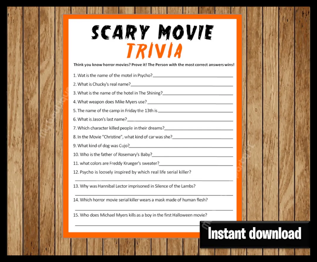 Scary Movie Trivia Party Game Printable PDF Printable Halloween Game ANSWERS Included Instant Download Etsy