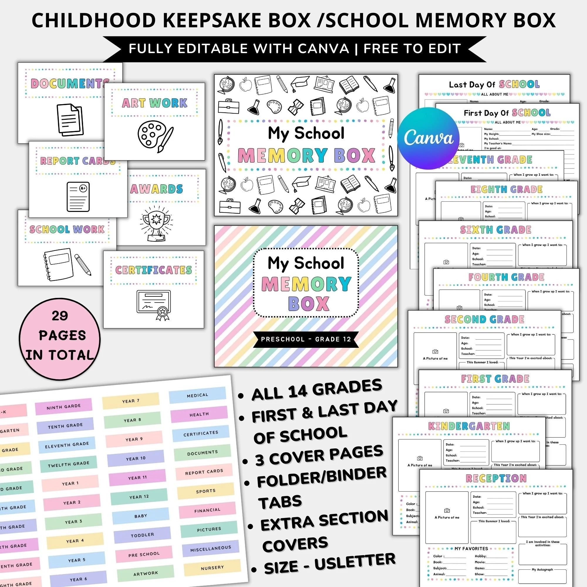 School Memory Box Kit Printable childhood Memory Book Editable School Keepsake Book Lable first And Last Day Of School kids Keepsake Journal Etsy