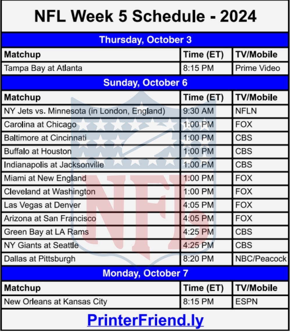Printable Nfl Week 5 Schedule