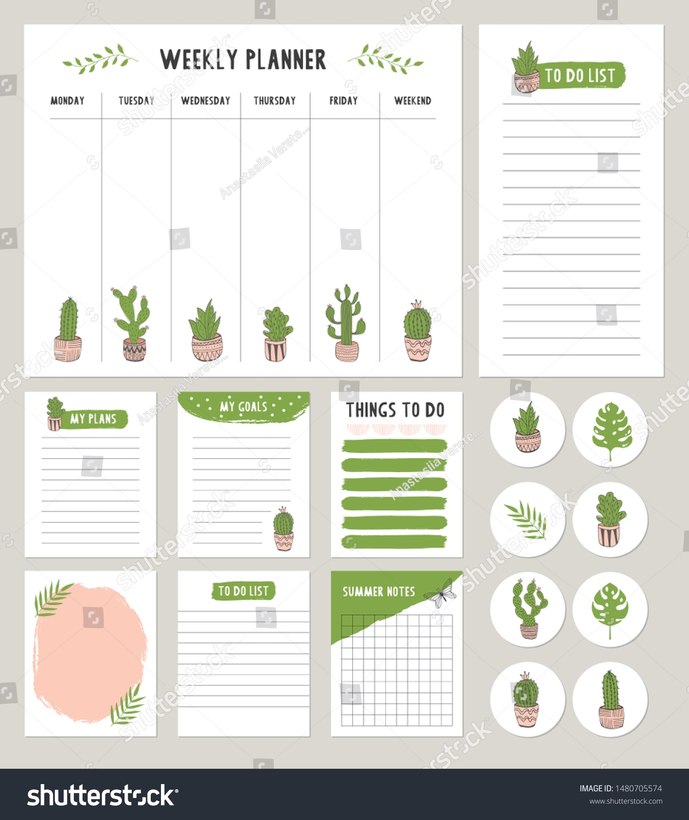Set Cute Cactus Planners Do List Stock Vector Royalty Free 1480705574 Shutterstock