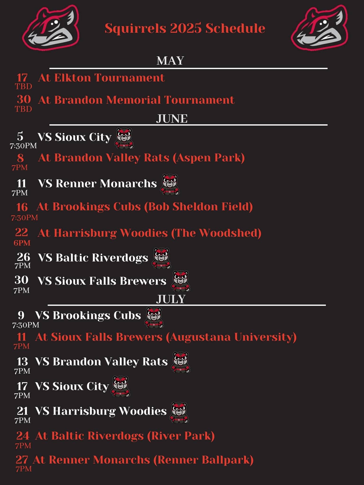 Flying Squirrels Printable Schedule