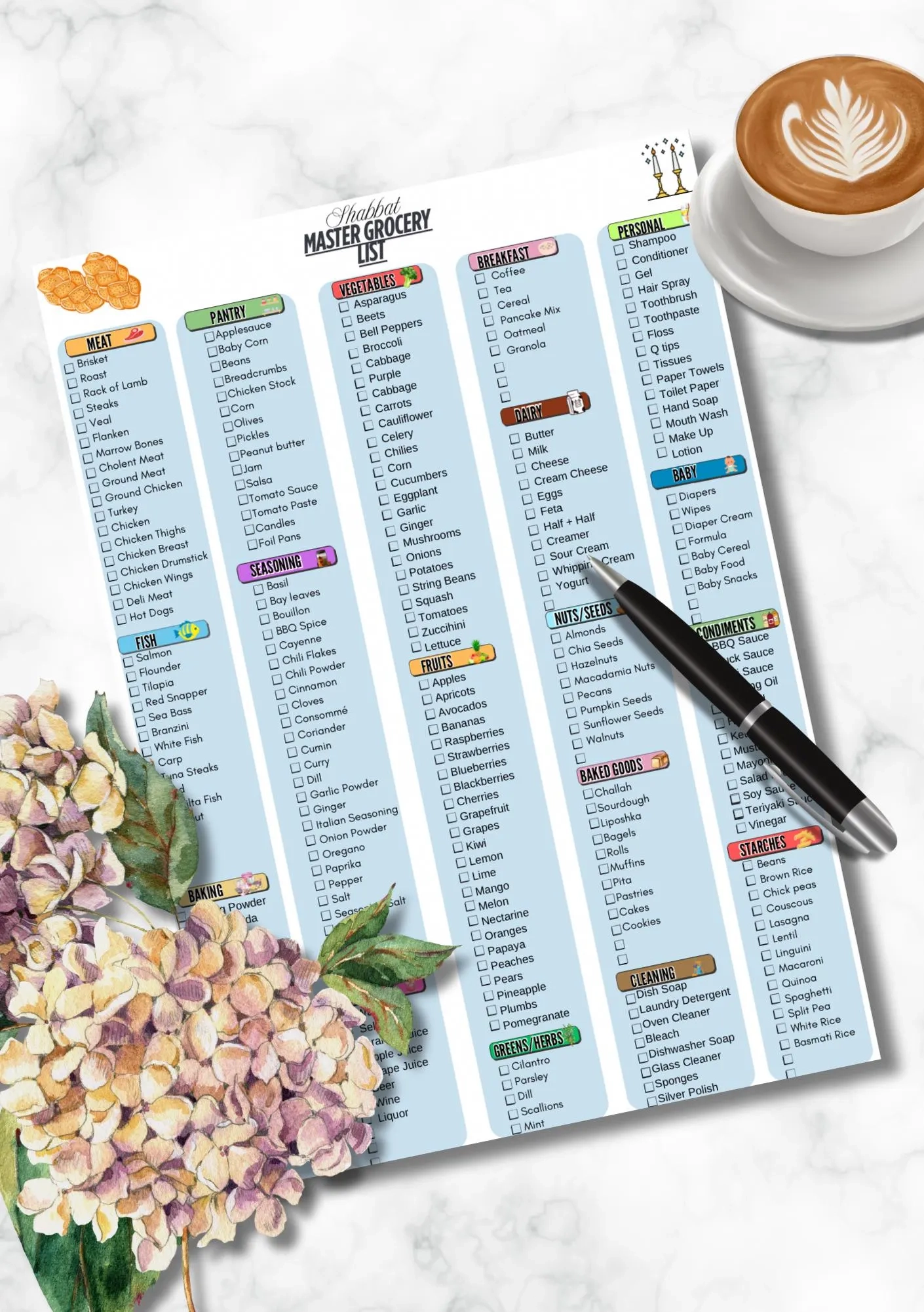 Shabbat Master Grocery List Printable Kosher Meal Prep Checklist Pre filled Shopping List With Categories Checkboxes Etsy
