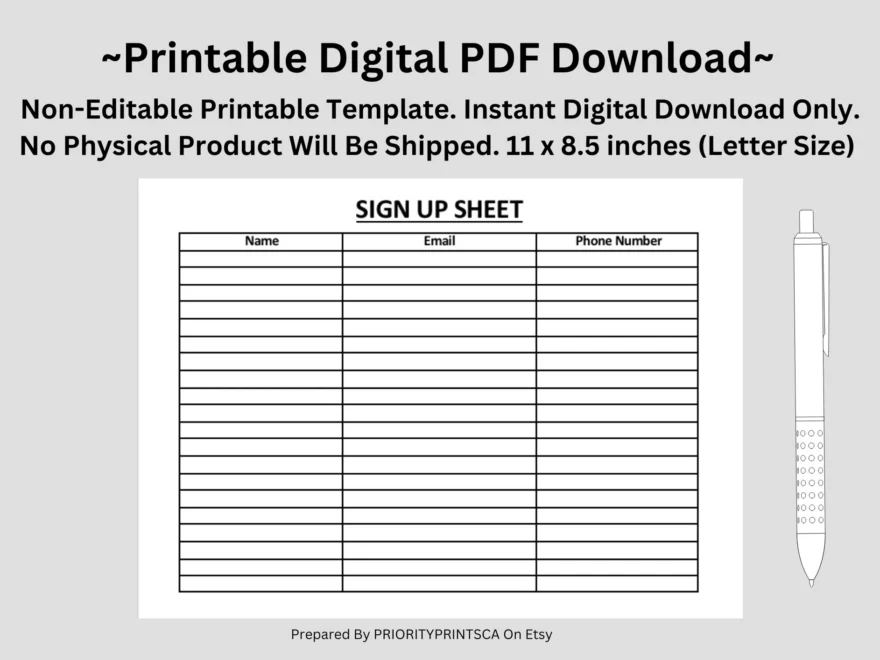 Sign Up Sheet Personal business Sign Up Template Log Template Organization Printable US Letter Size Digital Download Etsy