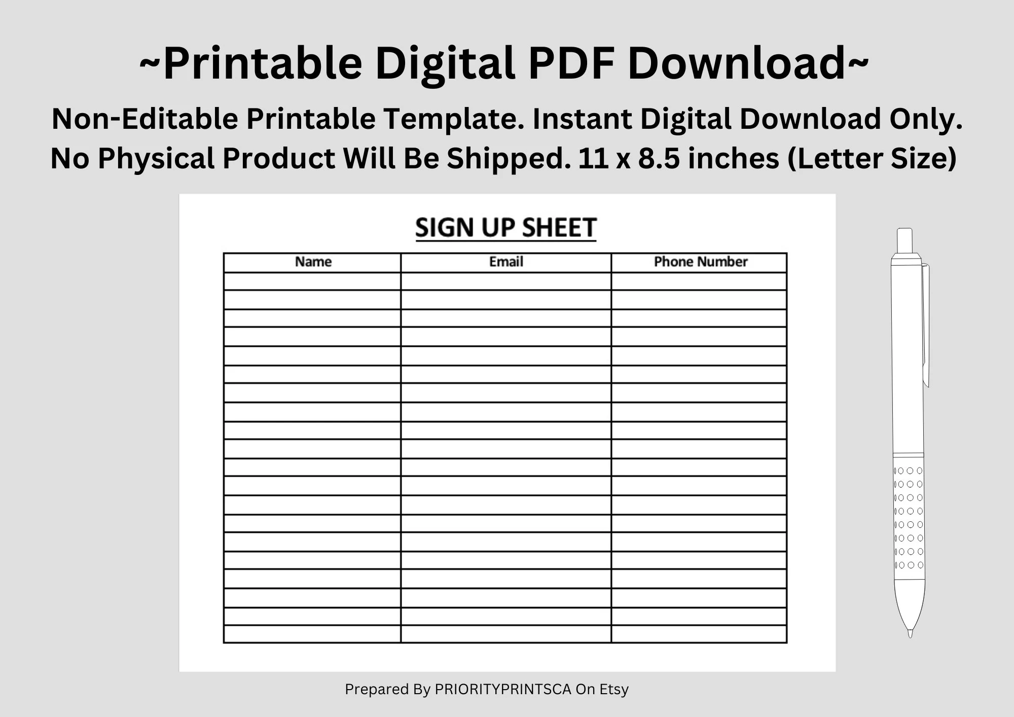 Sign Up Sheet Personal business Sign Up Template Log Template Organization Printable US Letter Size Digital Download Etsy