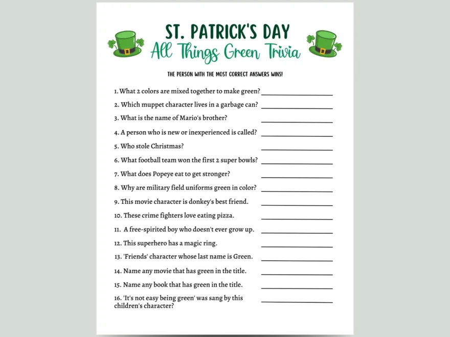 St Patricks Day Green Trivia Game Printable Activity Adults Kids Scribbled LLC