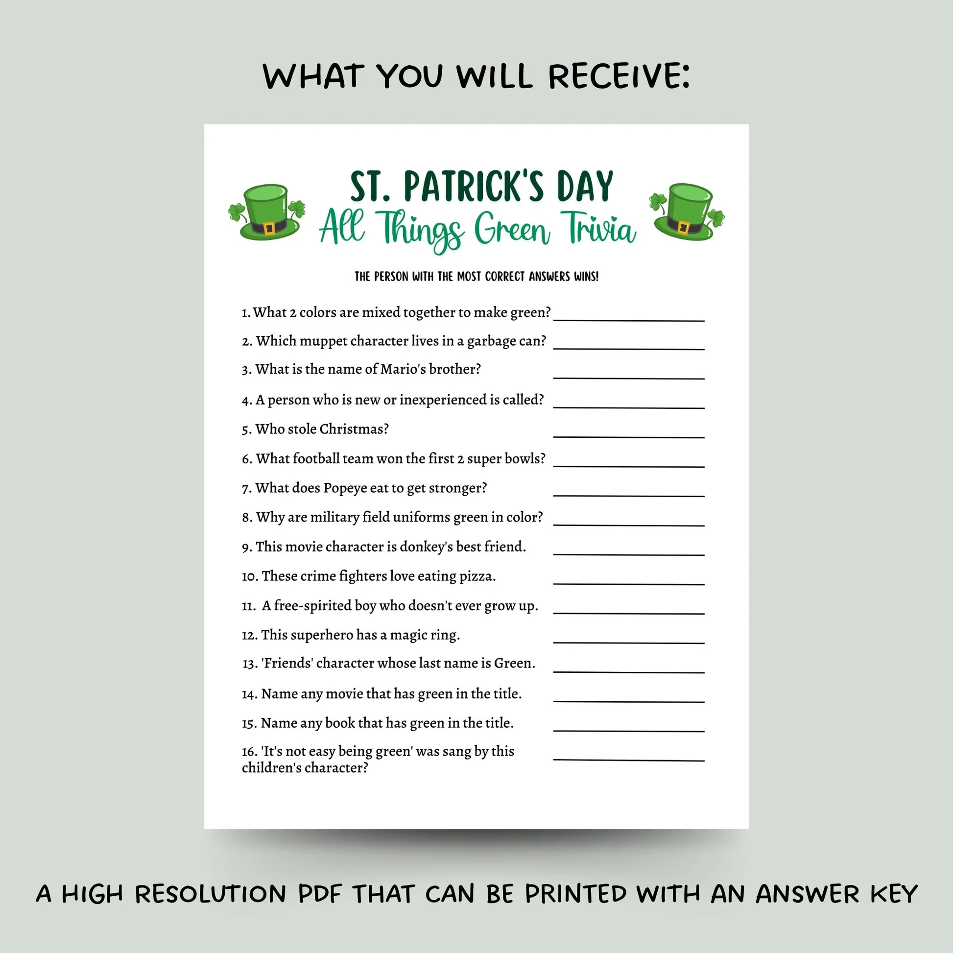 St Patricks Day Green Trivia Game Printable Activity Adults Kids Scribbled LLC
