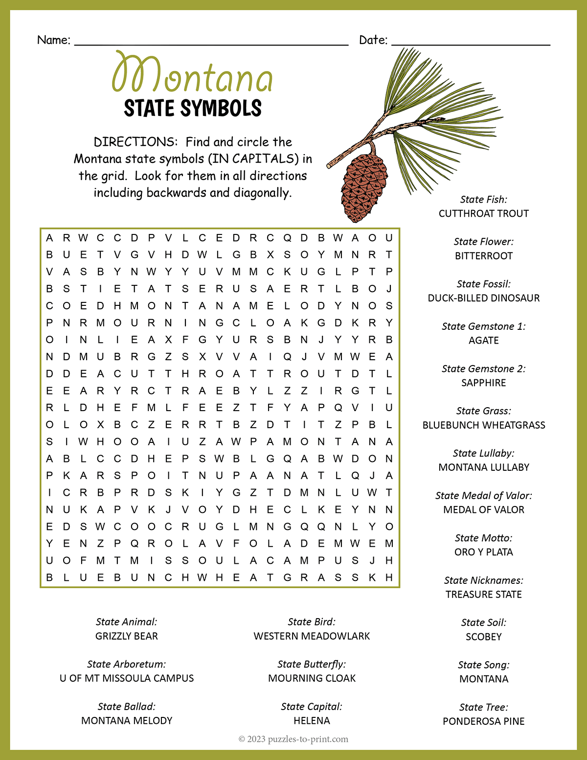 State Symbols Of Montana Word Search