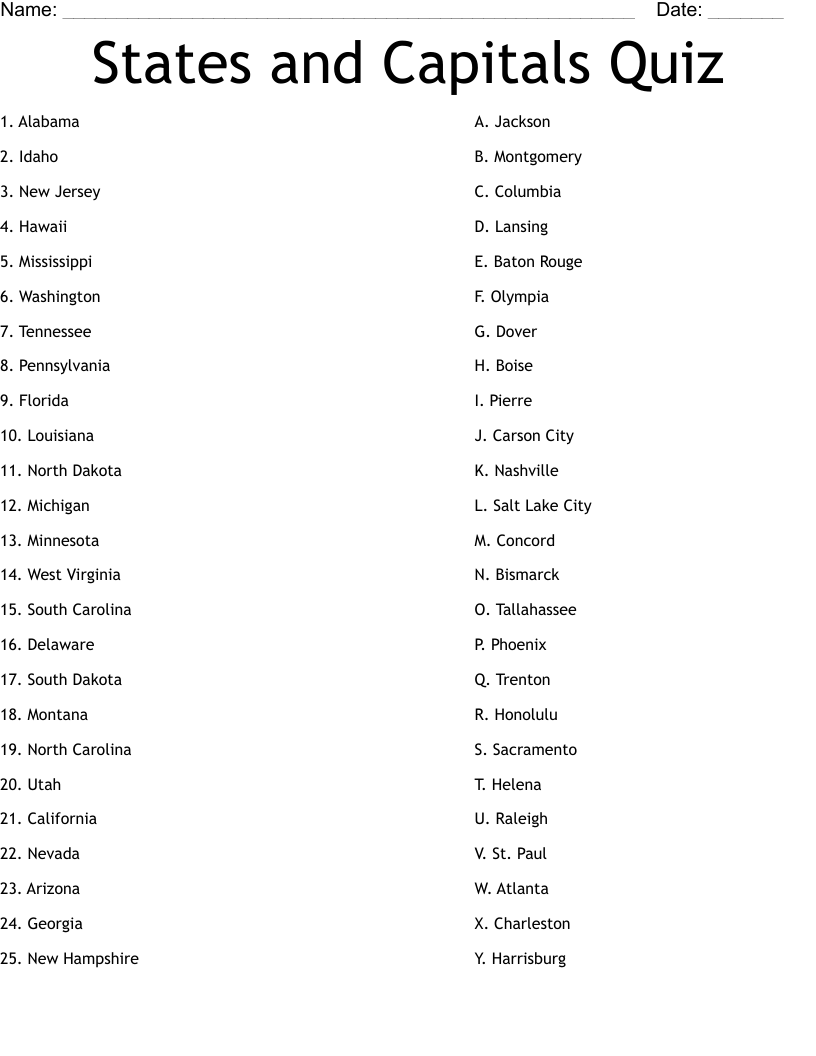 Name The States Printable Quiz