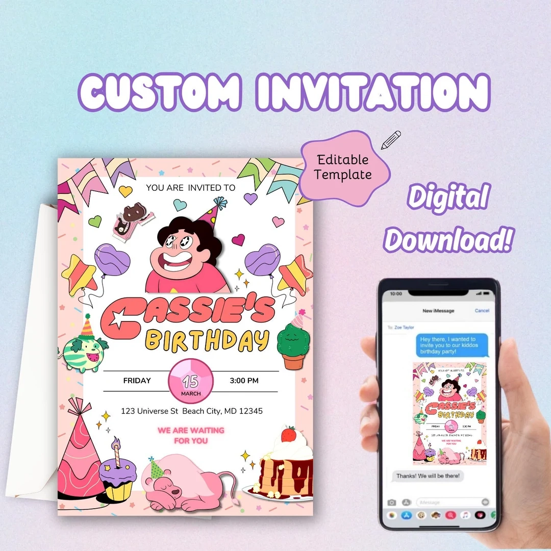 Steven Universe Editable Printable Birthday Invitation Crystal Gems Steven Universe Birthday Party Cartoon Network Garnet Amethyst Pearl Etsy