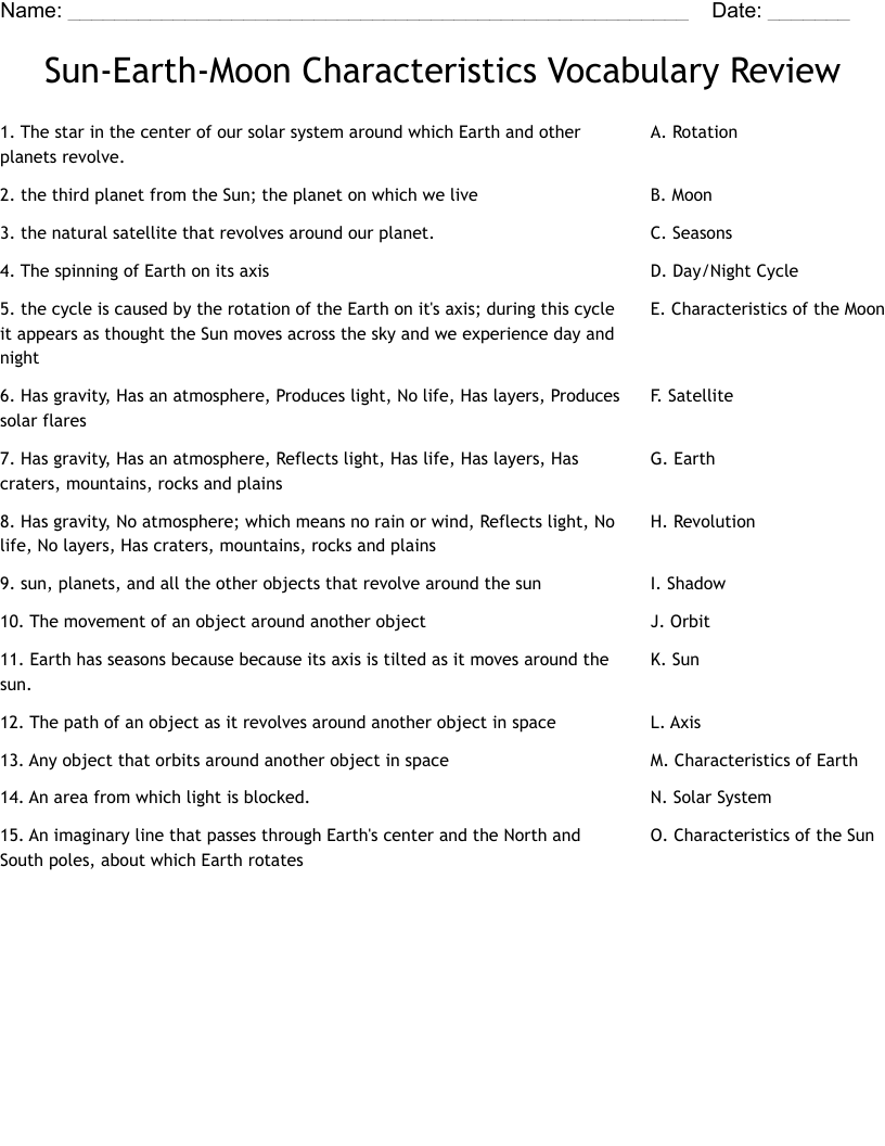 Sun Earth Moon Characteristics Vocabulary Review Worksheet WordMint Sun Earth Moon Characteristics Vocabulary Review Worksheet WordMint