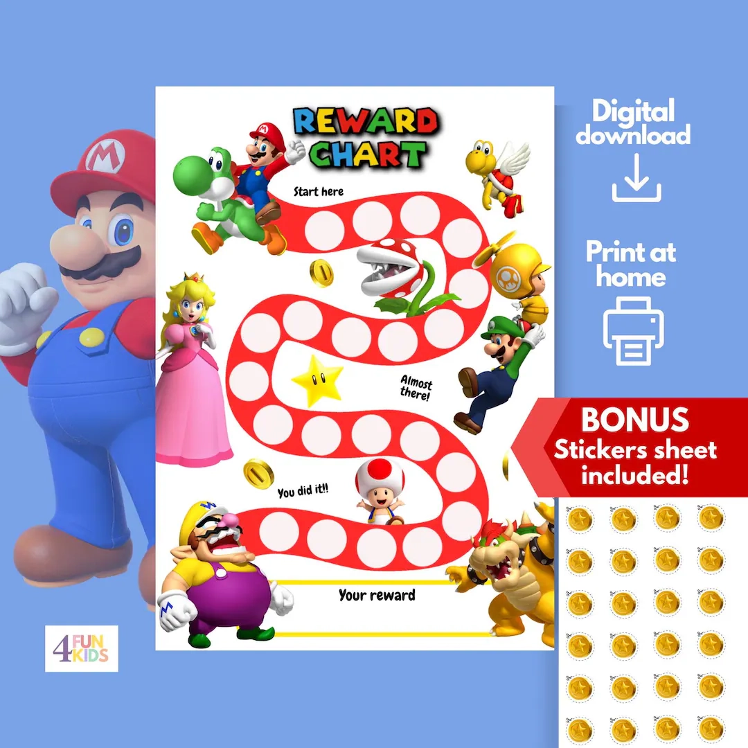 SUPER MARIO Reward Chart Printable Mario Behavior Chart Daily Chore Chart Kids Routine Sticker Chart Super Mario Reward Chore Chart Etsy