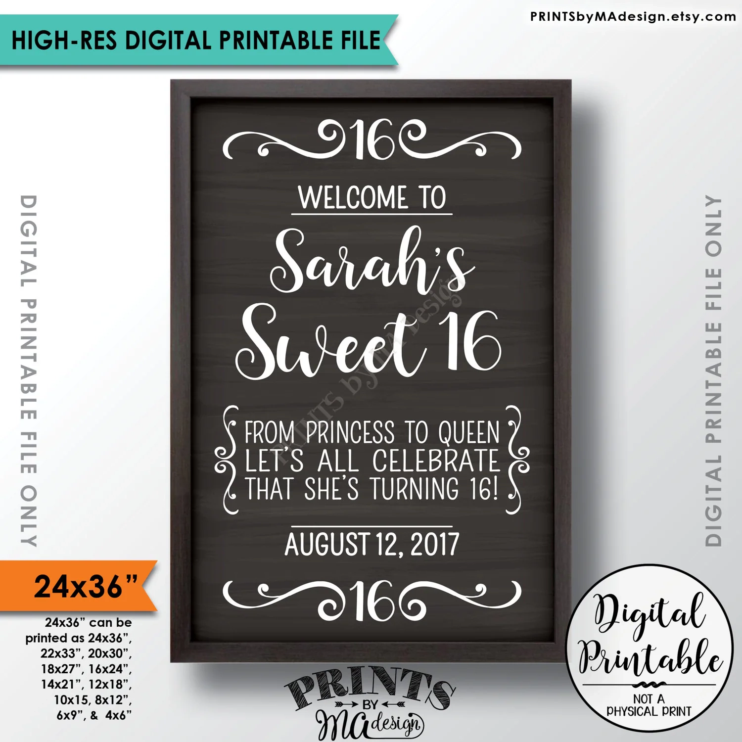 Sweet 16 Welcome Sign Sweet Sixteen Sign Sixteenth Birthday Custom 16th Birthday Welcome Sign PRINTABLE 24x36 Chalkboard Style Sign