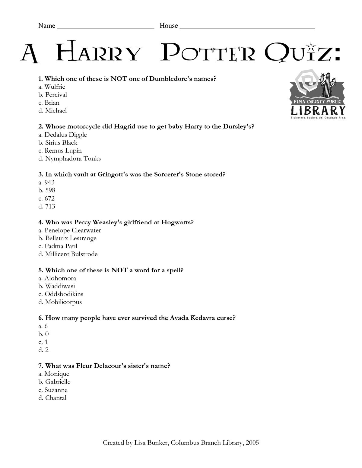 Easy Harry Potter Quiz Printable