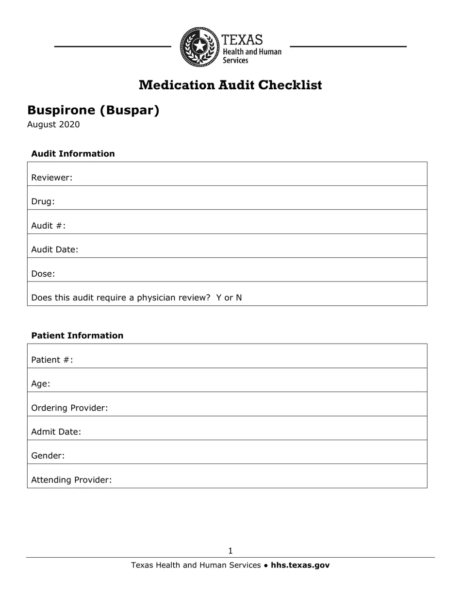 Texas Medication Audit Checklist Buspirone Buspar Fill Out Sign Online And Download PDF Templateroller