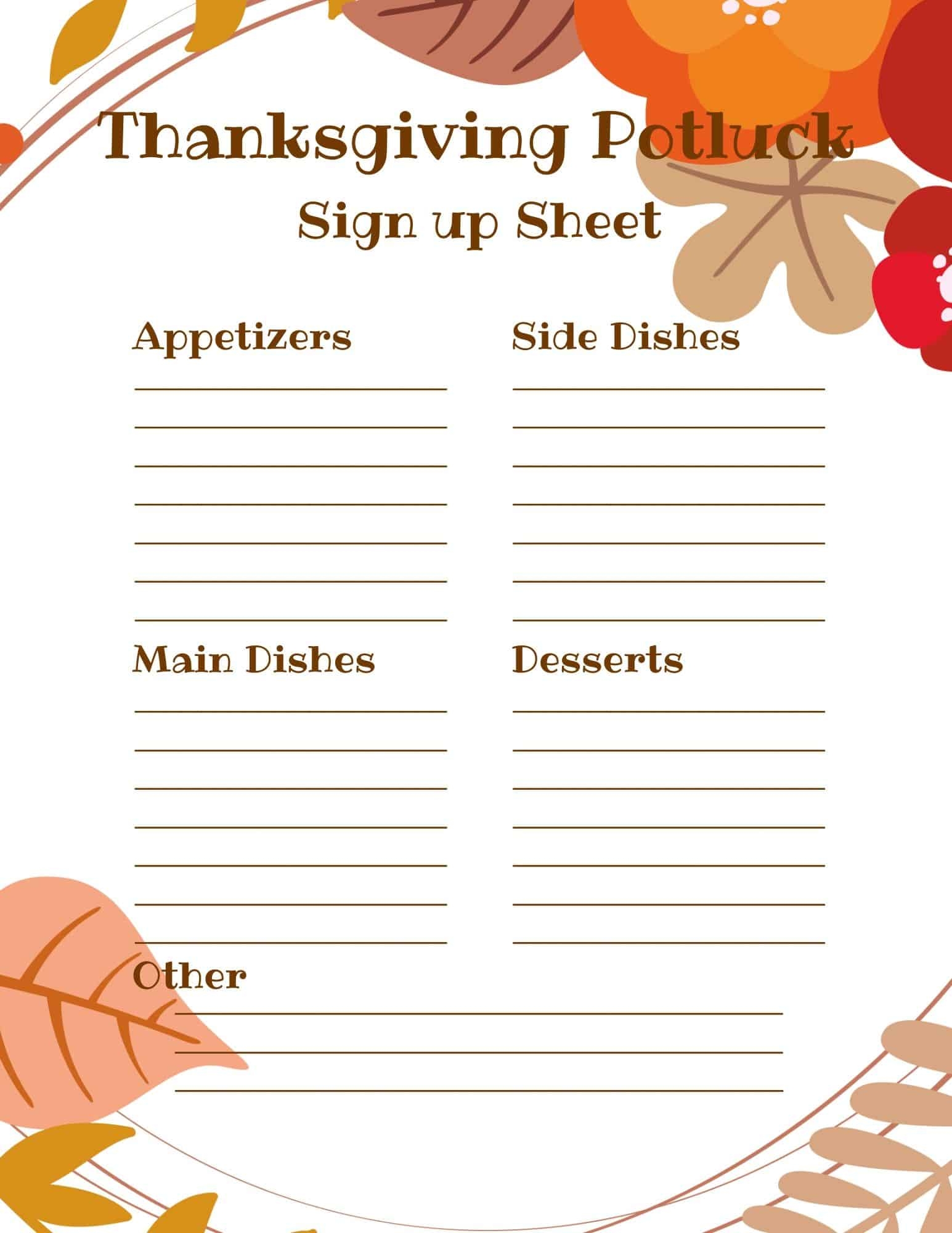 Potluck Sign Up Printable