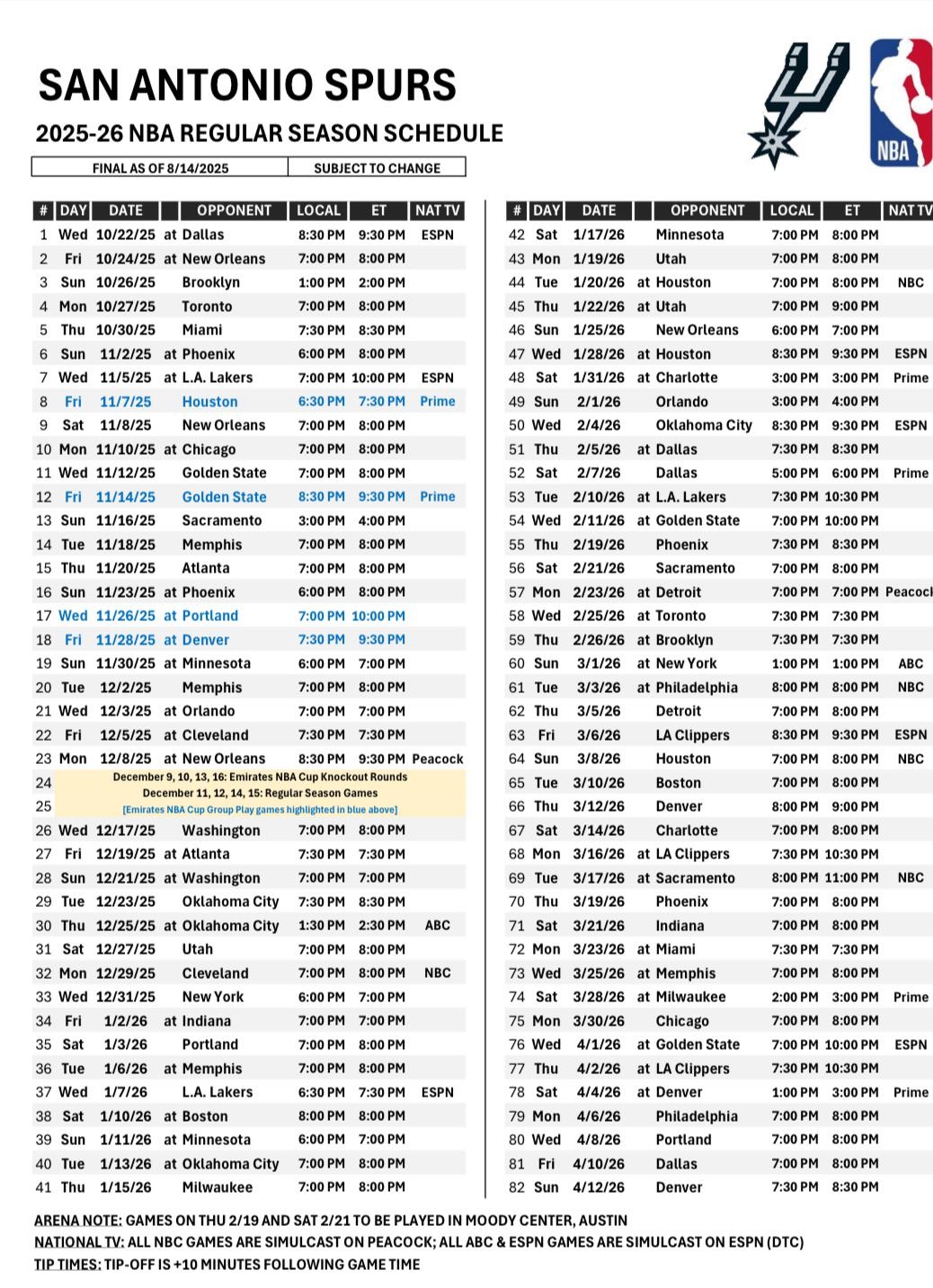 Printable 2025-2026 Spurs Schedule