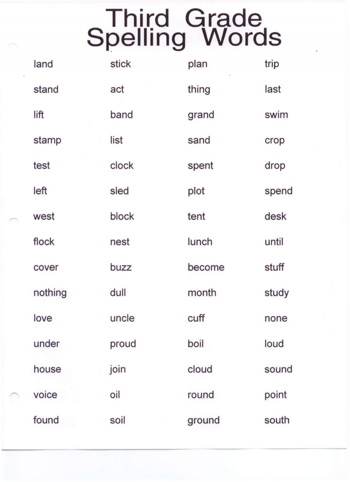 3rd Grade Spelling List Printable