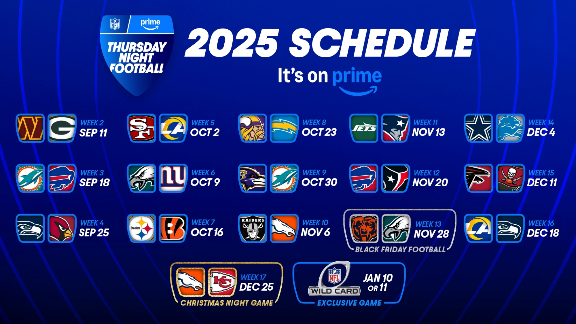 Thursday Night Football 2025 Schedule Watch Live On Prime Video Thursday Night Football 2025 Schedule Watch Live On Prime Video