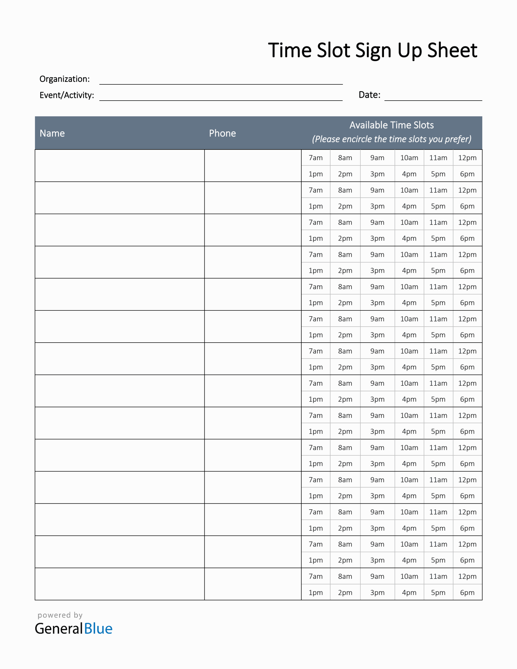 Guest List Time Slot Template Printable