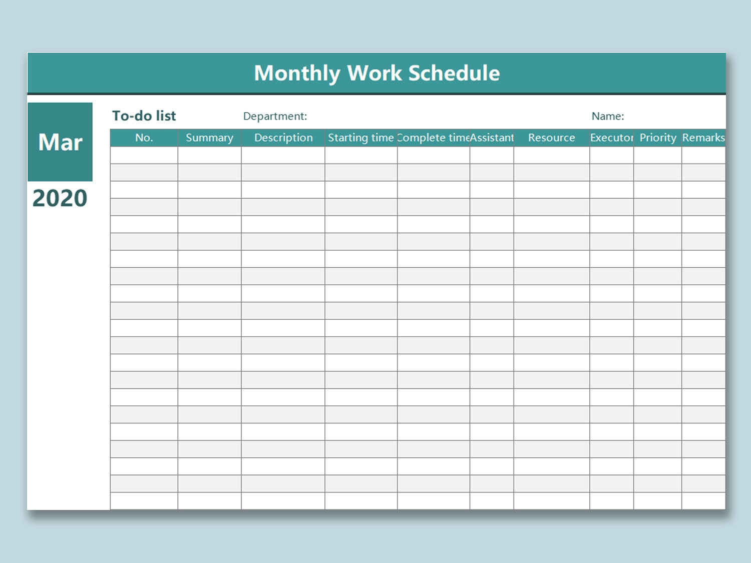 Printable Monthly Work Schedule
