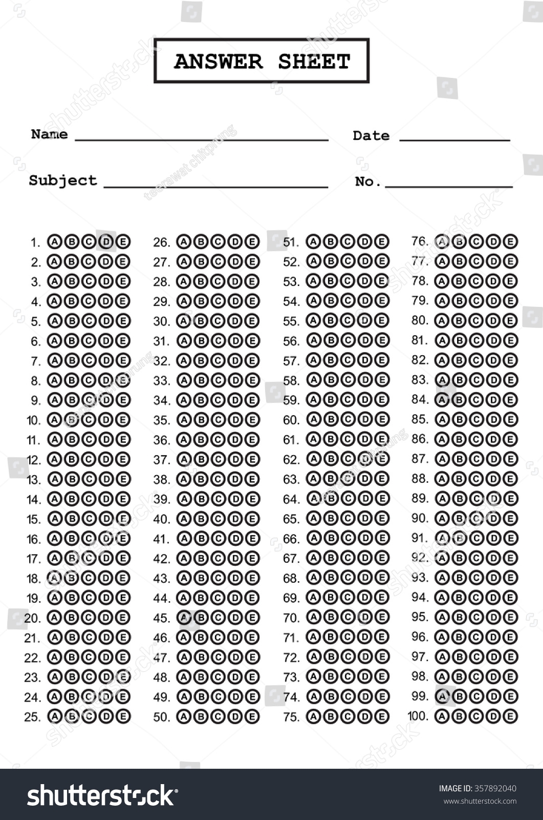 Multiple Choice Answer Sheet Printable