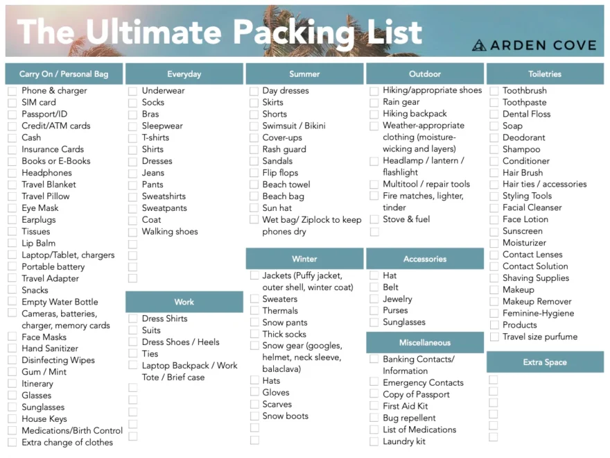 Ultimate Vacation Packing Travel Checklist Free Printable PDF